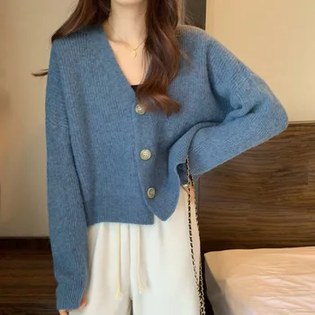 Женская одежда 2022 года, Свободный свитер с V-образным вырезом в корейском стиле, свитер-кардиган с длинными рукавами, женский топ, женское пальто