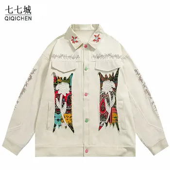 Винтажная джинсовая куртка Мужская в стиле хип-хоп, куртка с графической цветочной вышивкой, женская Harajuku, повседневное свободное пальто, уличная одежда унисекс, весна-осень